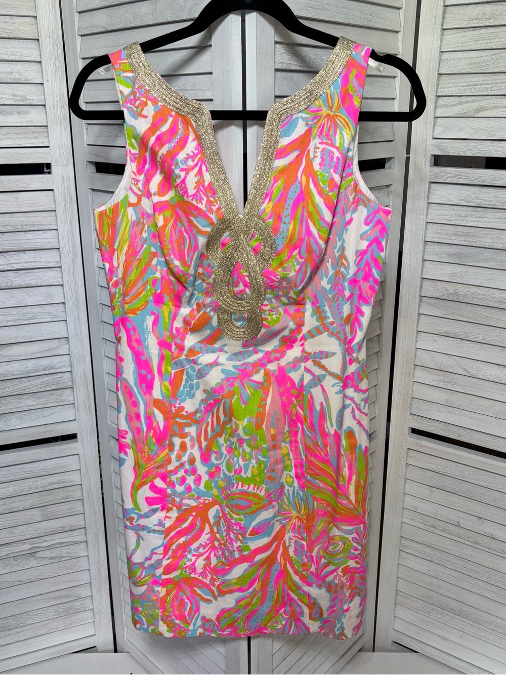Lilly Pulitzer Size 6 Tropical Floral Shift Dress Gold Metallic Trim Pink